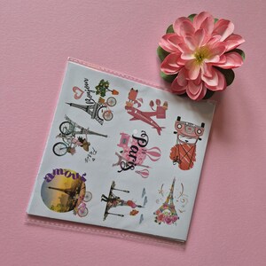 May include: A sheet of Paris-themed stickers featuring the Eiffel Tower, bicycles, and other Parisian imagery. The stickers are in a clear plastic sleeve, with a pink flower in the upper right corner. The background is a solid pink.