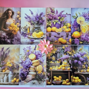 Pode incluir: Uma colagem de impress&otilde;es de arte em aquarela com lim&otilde;es e lavanda. Uma impress&atilde;o mostra uma mulher segurando lim&otilde;es, enquanto outras retratam lim&otilde;es com flores, uma bebida e uma mala. A paleta de cores inclui amarelo, roxo e branco.