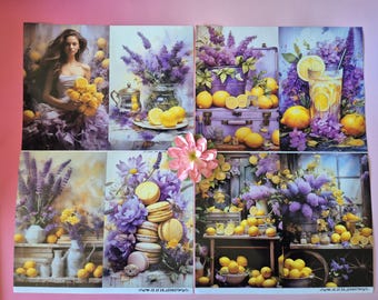 Papel para diario color limón lavanda A4 | 12 hojas de papel decorativo para diario de viaje | estilo veraniego morado amarillo