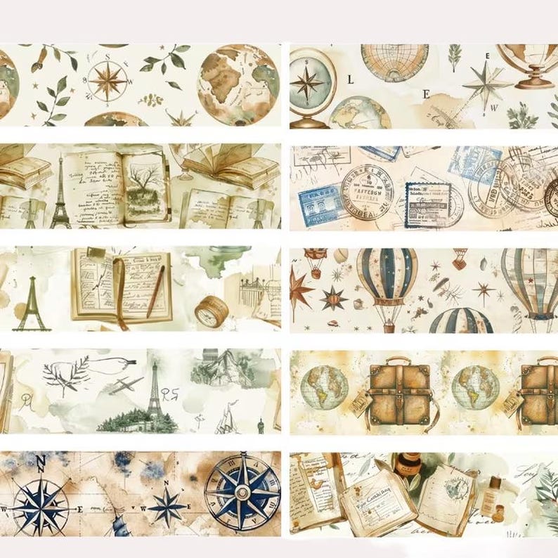 Puede incluir: Una colecci&oacute;n de tiras de cinta decorativa washi con ilustraciones de viajes vintage que incluyen globos terr&aacute;queos, br&uacute;julas, libros abiertos, globos aerost&aacute;ticos, la Torre Eiffel, sellos postales, maletas y mapas en tonos sepia, marr&oacute;n y azul.