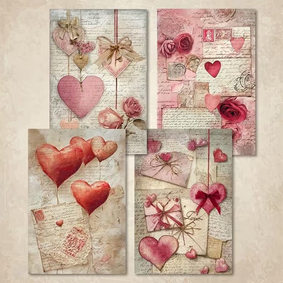 Journal papier romantisch A5 | 12 vellen vintage liefdesbrieven met harten, rozen en vogels | roze scrapbook papier