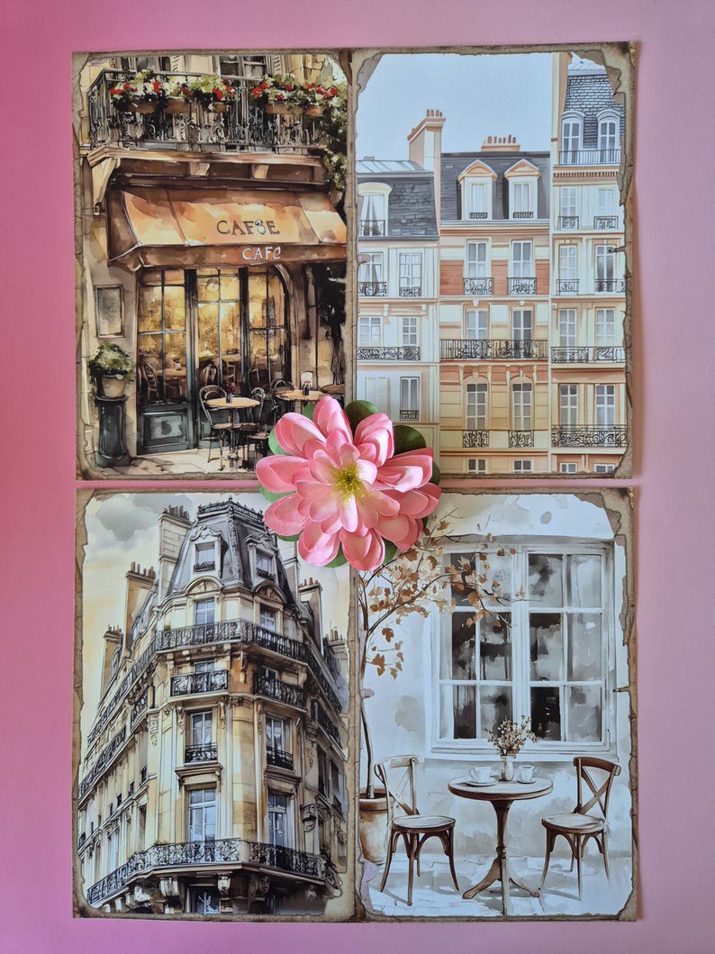 May include: A collage of watercolour paintings depicting Parisian scenes. One shows a cafe with a brown awning and the word "CAFE". Other images include buildings and a cafe table with chairs. A pink flower is placed on top.