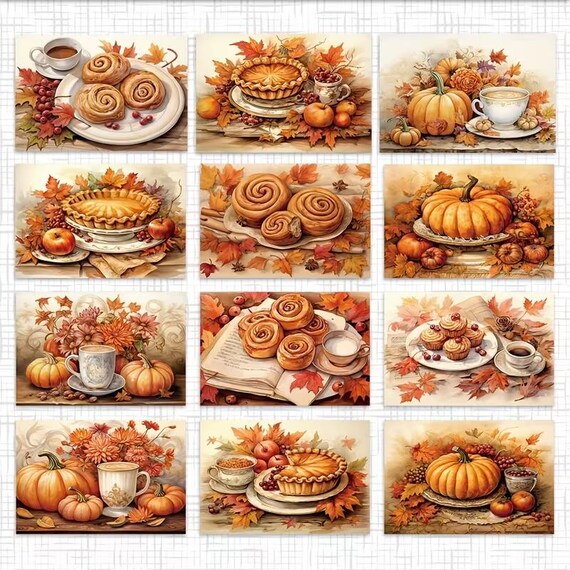 Journal papier herfst koffie A5 | 12 vellen aquarel met pompoenen, kaneelbroodjes en appeltaart | scrapbook papier
