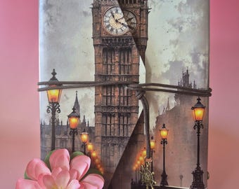 Diario de viaje del Big Ben de Londres en piel sintética | Diario de viaje tamaño A5 | 30 hojas de papel kraft + 10 hojas para fotos sin pegamento