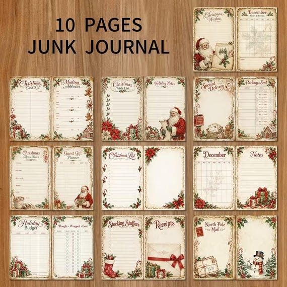 Kerstplanner junk journal | 10 dubbele vellen met 20 invulpagina's voor cadeaulijst, budget en kerstmenu | vintage stijl