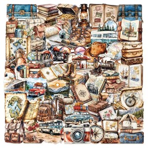 K&ouml;nnte beinhalten: Aquarellillustration mit Reisethema. Das Bild zeigt Vintage-Koffer, Karten, eine Kamera, einen Kompass, ein Motorrad, einen Zug und eine Laterne. Die Farbpalette umfasst Braun-, Blau- und Oranget&ouml;ne, die Abenteuer und Erkundung vermitteln.