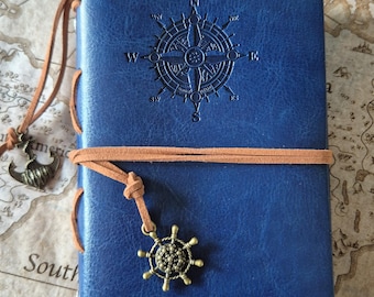 Vintage notitieboek kompas | blauw lederen travel journal met scheepsroer | cadeau reiziger