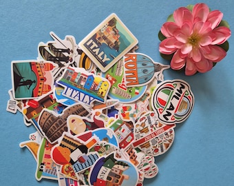 Pegatinas de viaje de Italia para tu diario de viaje o maleta | 50 pegatinas de Italia | pasta pizza vespa coliseo