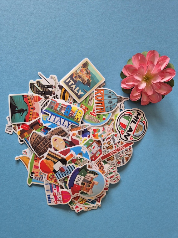 Reisstickers Italië voor je reisdagboek of koffer | 50 Italië stickers | pasta pizza vespa colosseum