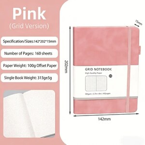 May include: A pink grid notebook with an elastic closure band. The cover measures 142mm by 202mm by 15mm. It contains 160 sheets of 100g offset paper. The notebook weighs 313g plus or minus 5g and features a white paper band with grid illustrations.