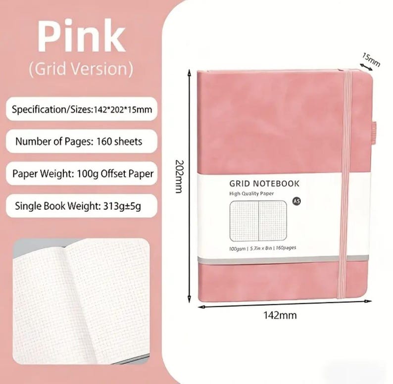 May include: A pink grid notebook with an elastic closure band. The cover measures 142mm by 202mm by 15mm. It contains 160 sheets of 100g offset paper. The notebook weighs 313g plus or minus 5g and features a white paper band with grid illustrations.