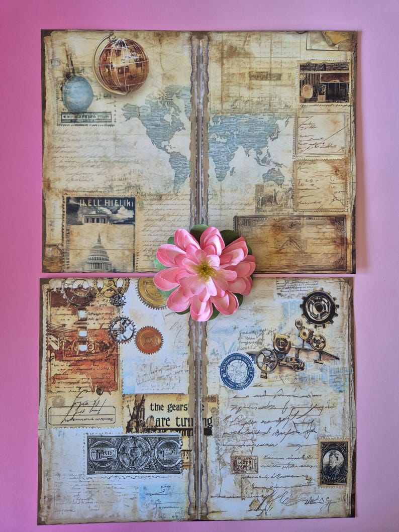 Op de afbeelding: Twee pagina's tellende scrapbook lay-out in vintage stijl met een roze bloem. De pagina's bevatten een wereldkaart, globe, tandwielen, postzegels en handschrift. Het kleurenpalet omvat beige, bruine en blauwe tinten.