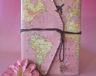 Reisdagboek roze kunstleer met fotopagina's | A5 travel journal | 30 kraftpapier + 10 foto vellen zonder lijm