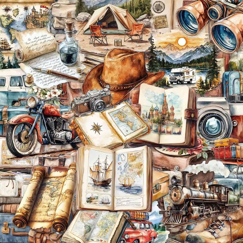 K&ouml;nnte beinhalten: Eine Collage von Illustrationen zum Thema Reisen. Ein brauner Cowboyhut, Vintage-Kameras, Karten, ein Motorrad, ein Zelt, ein Fernglas und ein Zug geh&ouml;ren zu den dargestellten Gegenst&auml;nden. Die Farbpalette umfasst Braun-, Blau- und Rott&ouml;ne und weckt ein Gef&uuml;hl von Abenteuer und Erkundung.
