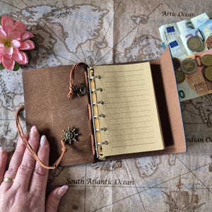 May include: Open brown leather journal with lined pages, a decorative charm, and a leather tie. A pink flower and money are also visible on a map background. The journal is open, revealing blank pages.