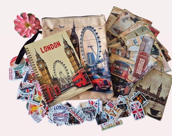 Set de diario de viaje de Londres | Diario de viaje tamaño A5 con pegatinas y funda | Regalo para viajeros a Inglaterra