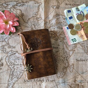 May include: A brown leather journal with a compass rose design and a decorative charm, resting on a vintage world map. A pink flower and Euro currency are also present, evoking a travel theme.