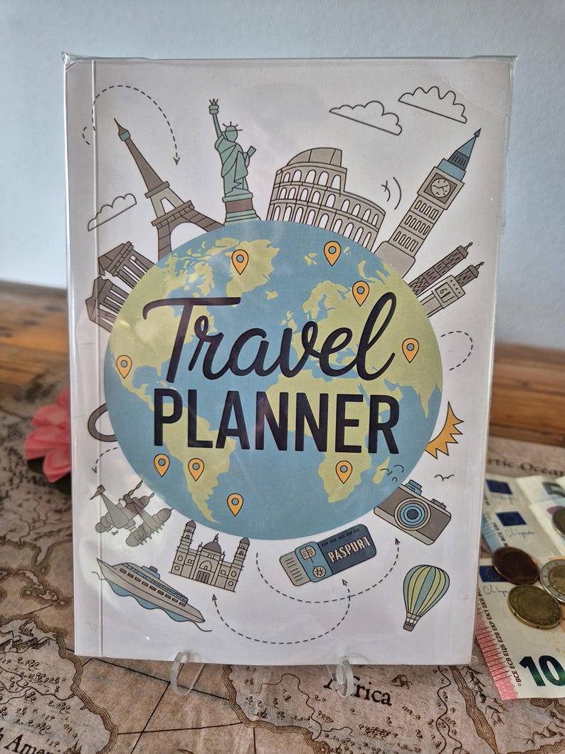 Reisdagboek wereldbol design | A5 travel journal met wereldberoemde bezienswaardigheden | cadeau reiziger afbeelding 3