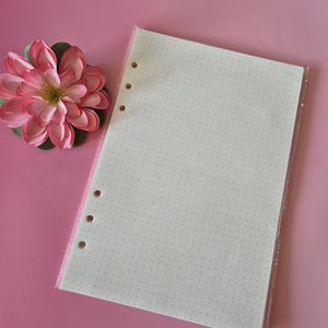 K&ouml;nnte beinhalten: Ein Stapel Punktrasterpapier mit Lochung, verpackt in durchsichtigem Kunststoff. Links vom Papier befindet sich eine rosa-gr&uuml;ne Kunstblume. Der Hintergrund ist einfarbig rosa.