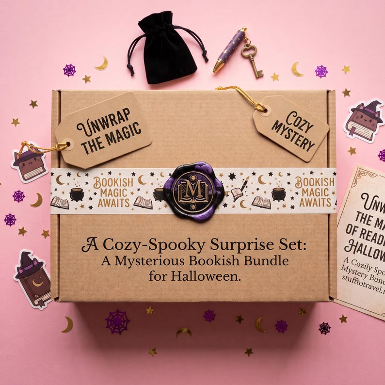 K&ouml;nnte beinhalten: Ein Pappkarton mit der Aufschrift A Cozy-Spooky Surprise Set: A Mysterious Bookish Bundle for Halloween, inklusive Wachssiegel, schwarzem Samtbeutel, Stift, Schl&uuml;sselanh&auml;nger und zwei Papieranh&auml;ngern mit UNWRAP THE MAGIC und COZY MYSTERY.
