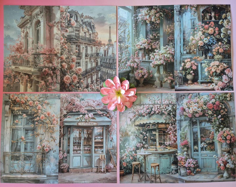 以下が含まれることがあります： パリの風景を描いた画像のコラージュ。建物や店舗など、ピンクとピーチ色のバラで飾られています。背景にはエッフェル塔が見えます。大きなピンクの花が中央に配置されています。