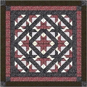 May include: A square quilt with a geometric pattern. The design features alternating black and white triangles, and maroon and cream-colored squares. The quilt has a dark brown border and a maroon patterned inner border.