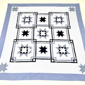 Top/copritrapunta originale Blue All Stars in cotone patchwork, realizzata a mano, 86x86"