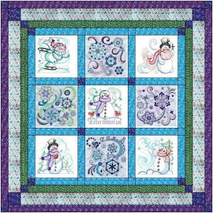 May include: A square quilt featuring a grid of nine embroidered panels with snowmen, snowflakes, and floral swirls in blue, purple, and green. The central panel displays the text Winter Wonderland. The quilt has a multi-layered decorative border.