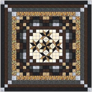 Könnte beinhalten: Ein quadratischer Quilt mit Sternenmuster. Der Quilt hat einen cremefarbenen Hintergrund mit schwarzen und goldenen Sternen. Der Rand umfasst braune, graue und schwarze Quadrate sowie florale Muster.