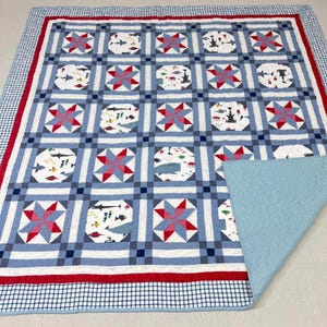 Handmade Blue Gazing Log Cabin Patchwork Queen Size Cotton Finished QUILT