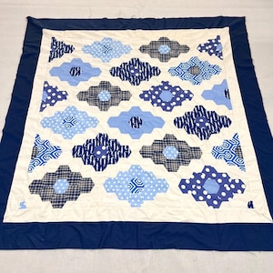 May include: A handmade quilt with a white centre featuring blue and navy hexagon-shaped patterns. The patterns include polka dots, geometric designs, and plaid. The quilt is bordered with navy blue fabric.