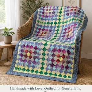 Hand Stitched Kantha Patchwork Quilt | 100% Cotton Diamond Boho Bedspread | Heirloom Multicolor Throw | Handmade Twin Coverlet 84x54