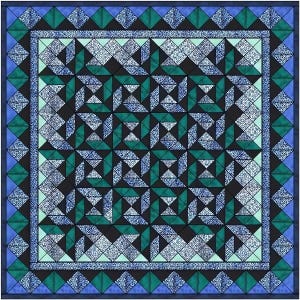 May include: A square quilt with a geometric pattern in shades of blue, teal, and black. The design features repeating shapes, including triangles and squares, creating a symmetrical and intricate overall look. The quilt has a border with a darker blue edge.