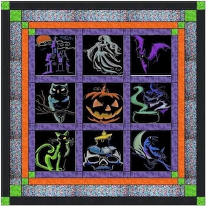 May include: A square Halloween-themed quilt featuring a grid of nine embroidered blocks on a black background. The blocks depict a haunted house, a ghost, a bat, an owl, a jack-o'-lantern, a witch with a cauldron, a cat, a skull, and a raven.
