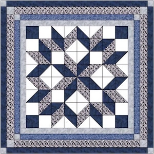 May include: A square quilt with a star pattern in shades of blue, white, and gray. The central design features a series of dark blue and patterned triangles forming stars against a white background. The quilt is bordered with patterned and solid blue fabrics.