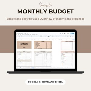 Pode incluir: Um laptop exibindo um modelo de orçamento mensal no Google Sheets ou Excel. A tela mostra uma planilha com seções para renda, despesas e economias. O texto "Simple Monthly Budget" está no topo.