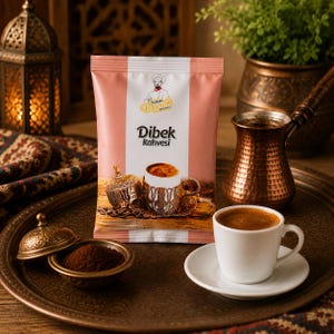 Puede incluir: Una bolsa rectangular de café Furkan Baysak Dibek Kahvesi con un gráfico de una taza de café y un logotipo de chef. El empaque es rosa claro y blanco. Una taza de café de cerámica blanca sobre un platillo se encuentra junto a un tazón de café molido.