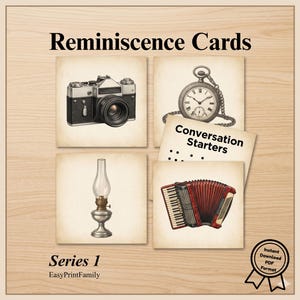 May include: A collection of vintage-style Reminiscence Cards. The cards feature illustrations of a camera, pocket watch, oil lamp, and accordion. The text on the cards reads "Conversation Starters" and "Series 1".