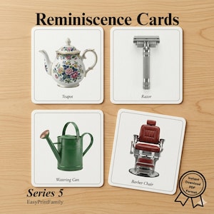 May include: Set of four Reminiscence Cards featuring a teapot, razor, watering can, and barber chair. The teapot is white with floral designs. The razor is silver. The watering can is green. The barber chair is red.