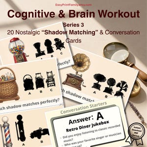 May include: Cognitive & Brain Workout Series 3, 20 Nostalgic Shadow Matching & Conversation Cards. The cards feature illustrations of a gumball machine, sewing basket, gramophone, and barber pole, alongside black silhouettes labeled A, B, and C.