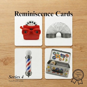 May include: A collection of four cards featuring nostalgic items. Includes a red View-Master, a silver slinky, a barber pole, and a decorated metal lunchbox. The text "Reminiscence Cards" and "Series 4" are displayed.