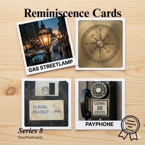 May include: Four square cards with retro images. They show a gas streetlamp, a compass rose, a floppy disk with text, and a payphone. The text "Reminiscence Cards" is at the top. The cards are part of Series 8.