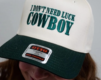 Gorra vaquera "No necesito suerte", gorra vaquera bordada estilo camionero, gorra vaquera retro para hombre, estilo vintage con cierre ajustable, regalo para fans de la música country.