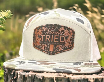 Gorra de camionero Mama Tried, visera plana con diseño de camuflaje de pato, parche de cuero repujado, estilo retro de caza del oeste, regalo perfecto para mamá y papá.