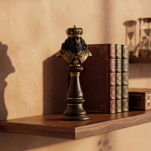 May include: A black and gold chess piece depicting a king's bust with a crown. The chess piece is on a wooden shelf with books, a chessboard, and an hourglass. The bust has a detailed beard and crown.