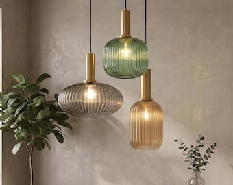 Lampe à suspension en verre nervuré, luminaire doré moderne Mid-Century, lampe à suspension pour îlot de cuisine