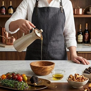 A person in a white shirt and gray apron pours olive oil from a speckled beige ceramic bottle into a wooden bowl on a white marble counter.