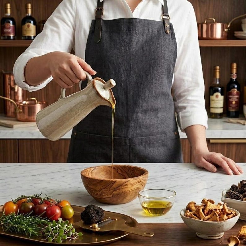 A person in a white shirt and gray apron pours olive oil from a speckled beige ceramic bottle into a wooden bowl on a white marble counter.