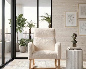 Modern upholstered armchair, reading chair with high back | nursery glider, cozy lounge seat