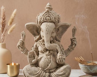Sandstone Ganesha Statue, Spiritual Elephant God Figurine for Meditation Altar